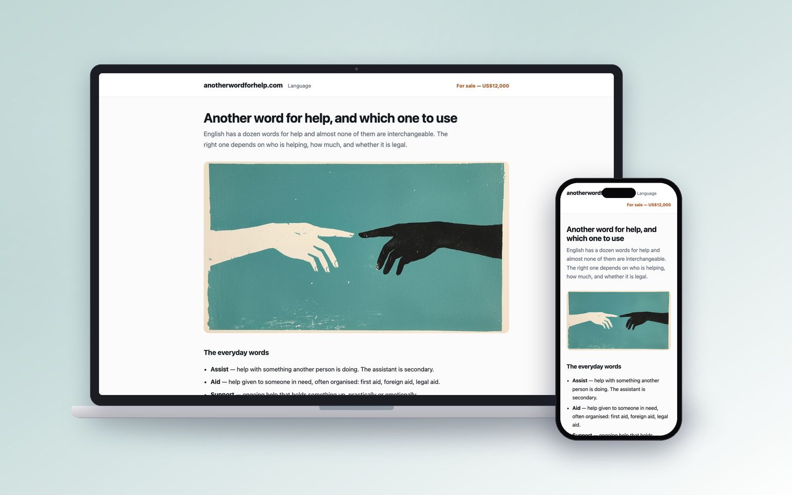 anotherwordforhelp.com shown on a laptop and a phone