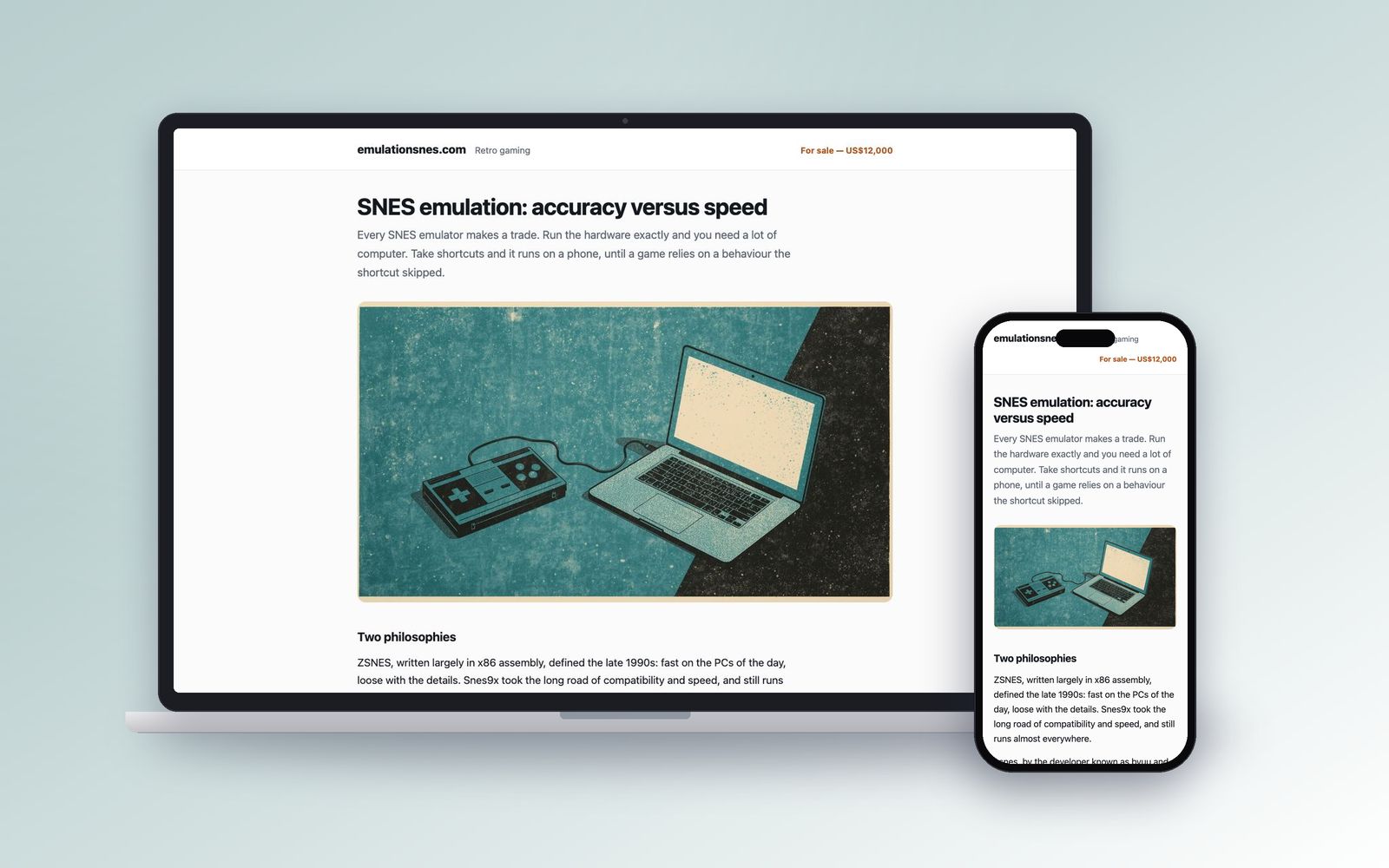emulationsnes.com shown on a laptop and a phone