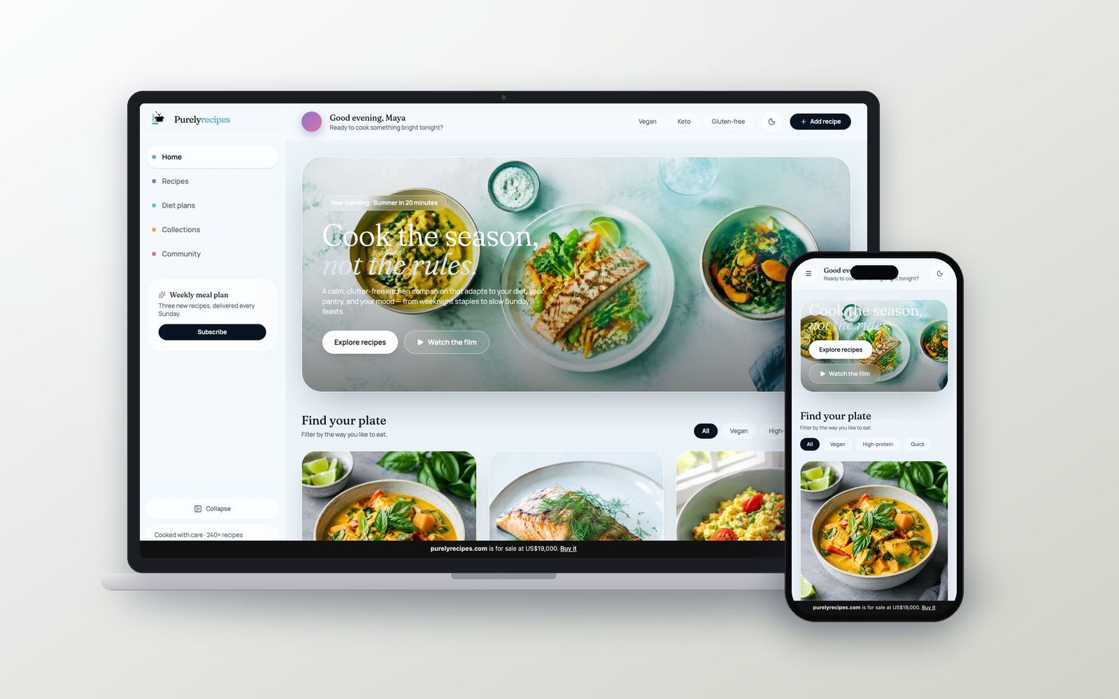purelyrecipes.com shown on a laptop and a phone