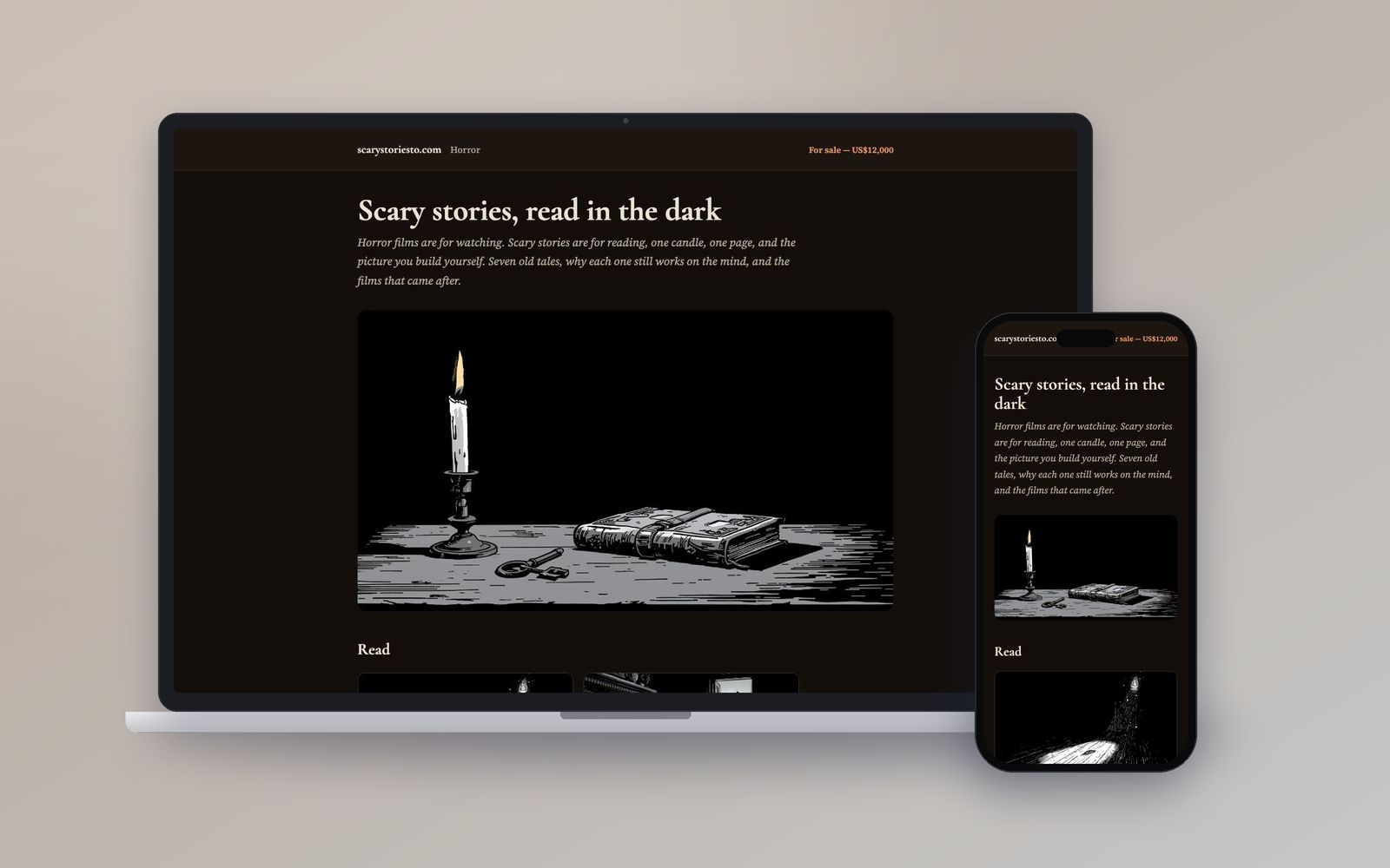 scarystoriesto.com shown on a laptop and a phone