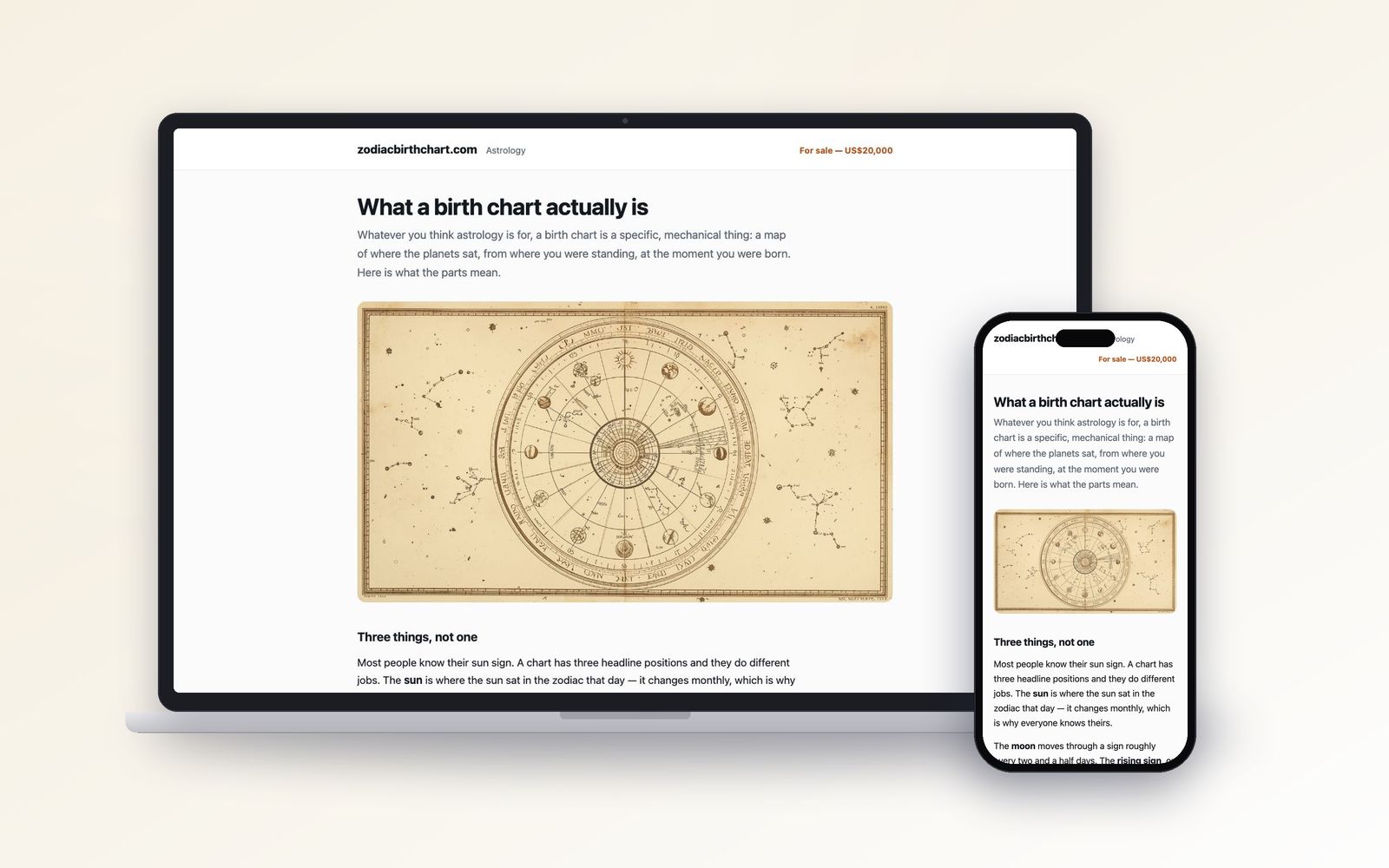 zodiacbirthchart.com shown on a laptop and a phone